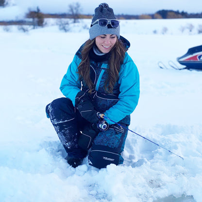 Detail of insulated ice gear gear showing waterproof construction and features