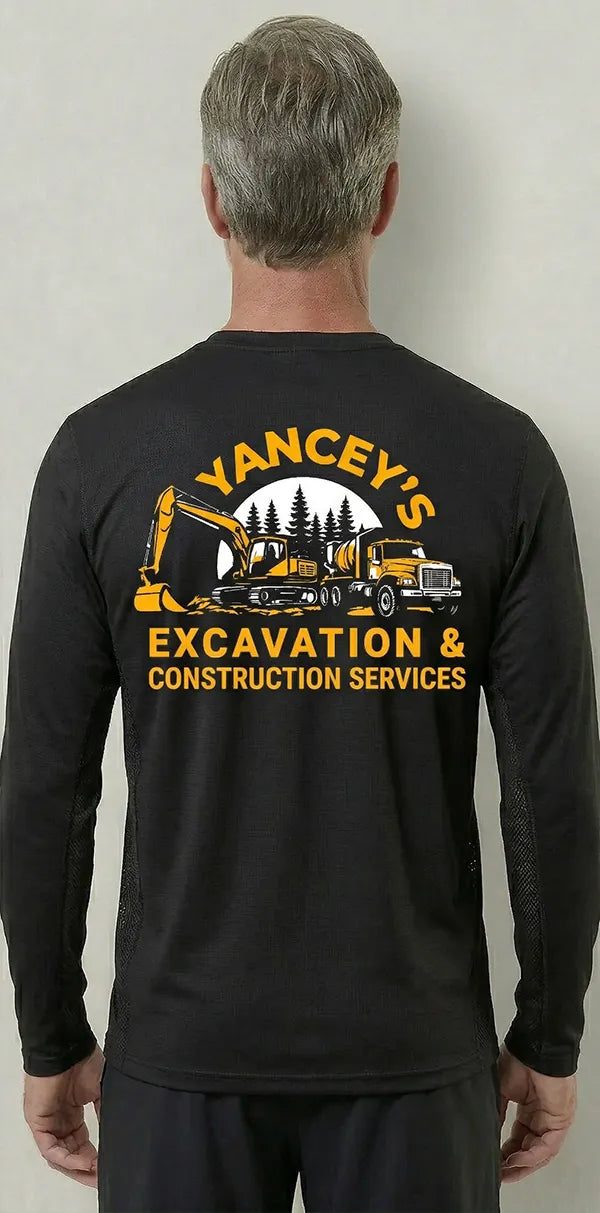 Large-format custom logo dye-sublimated on the back panel of a navy WindRider Helios long-sleeve work shirt — designed to read from 50+ feet.