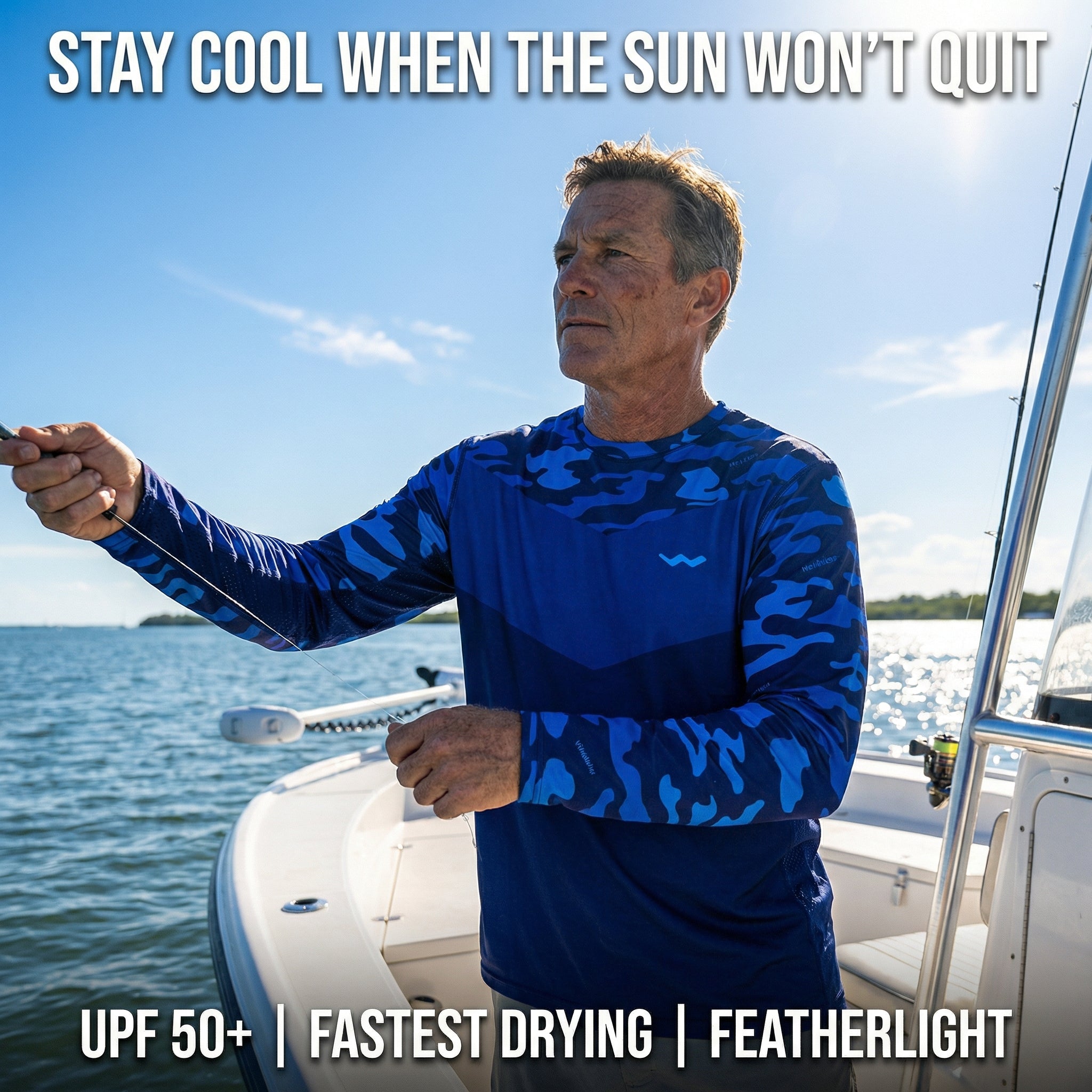 Angler wearing HELIOS ClimaTec long sleeve sun shirt while fishing on boat