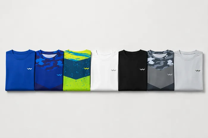Folded Helios sun shirts shown in multiple colors and patterns.
