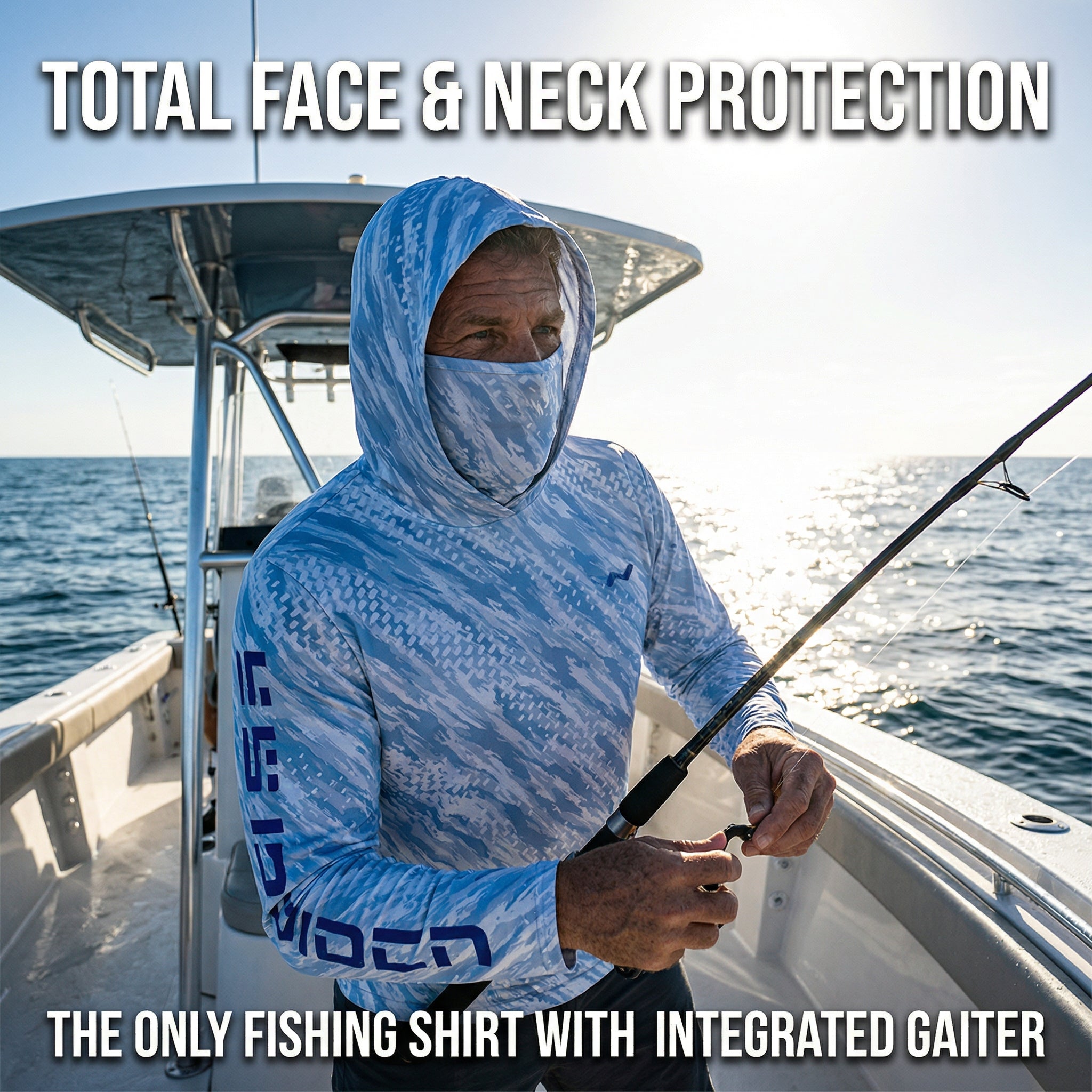 Angler wearing Hooded Helios with gaiter covering face and neck for maximum sun protection