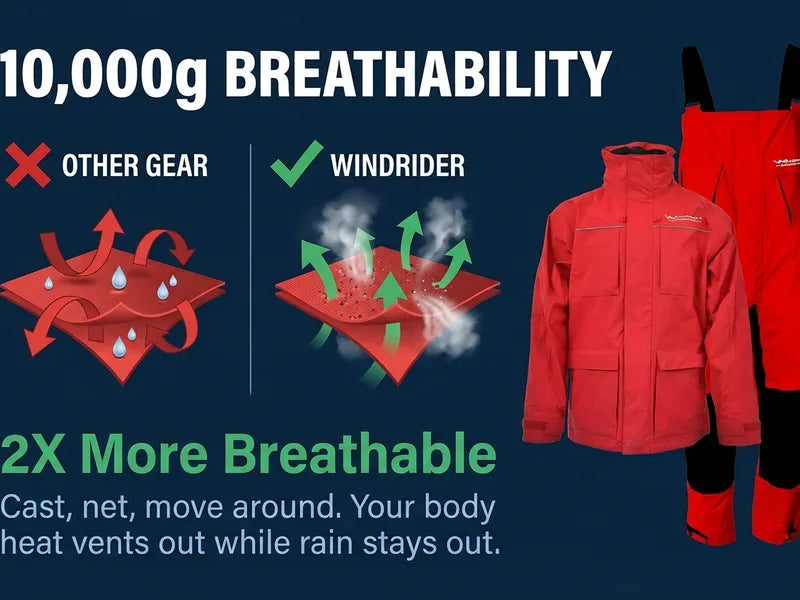 Angler comfortable on boat in rain gear, breathability in action