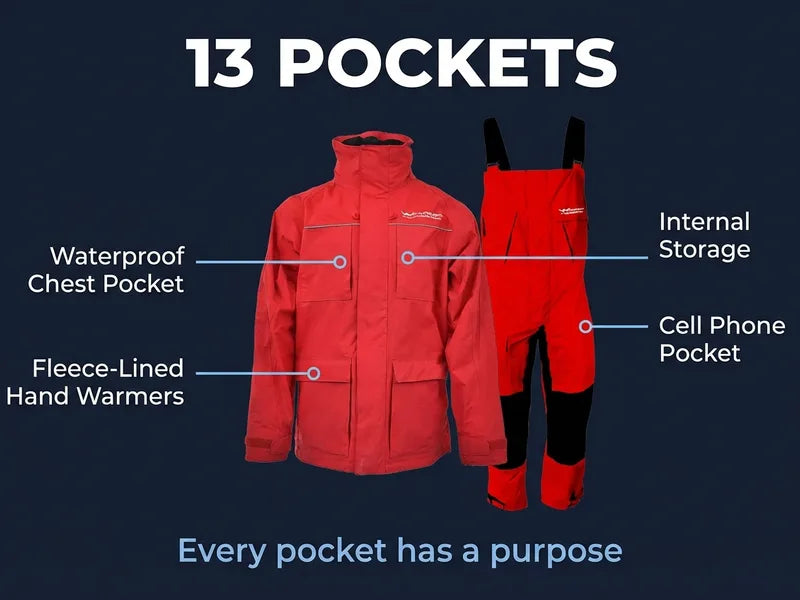 Angler using fleece-lined hand warmer pockets in rain gear