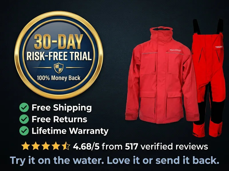 Happy angler at dock after wet day in WindRider rain gear